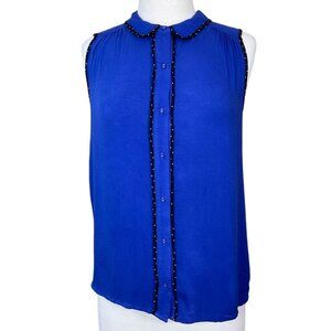 Elle Sleeveless Blue Pleated Details Black Polka Dot Trim Button Front Blouse M
